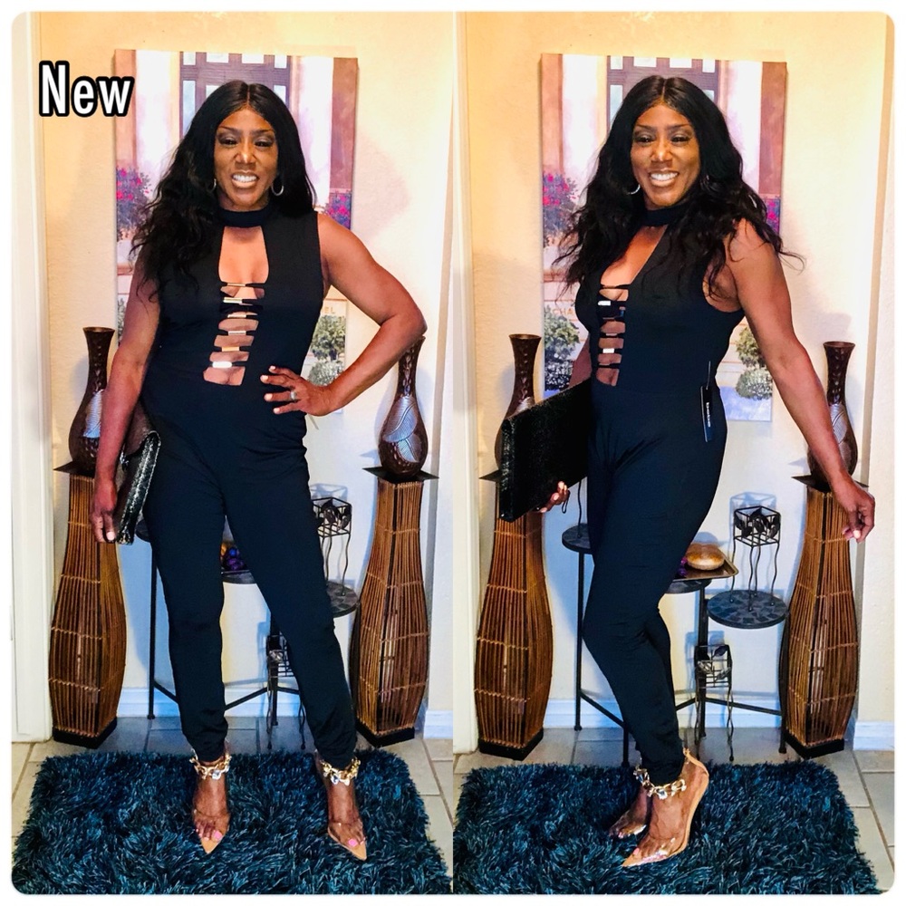 bebe Black and gold bar Cutout Jumpsuit